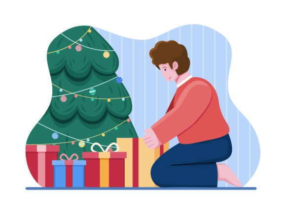 Children Opening Christmas Present: Festive Illustrations