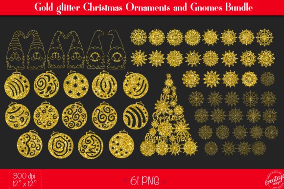 Gold Glitter Christmas Ornaments Gnomes: Premium Illustrations